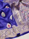 Royal blue Katan Silk Banarasi saree front drape view