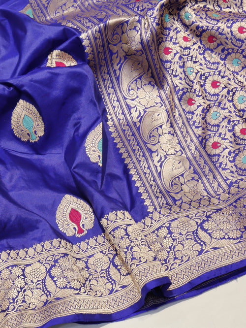 Royal blue Katan Silk Banarasi saree front drape view