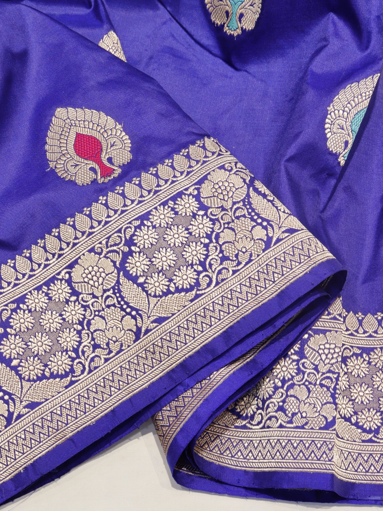 Royal blue Katan Silk Banarasi saree texture detail