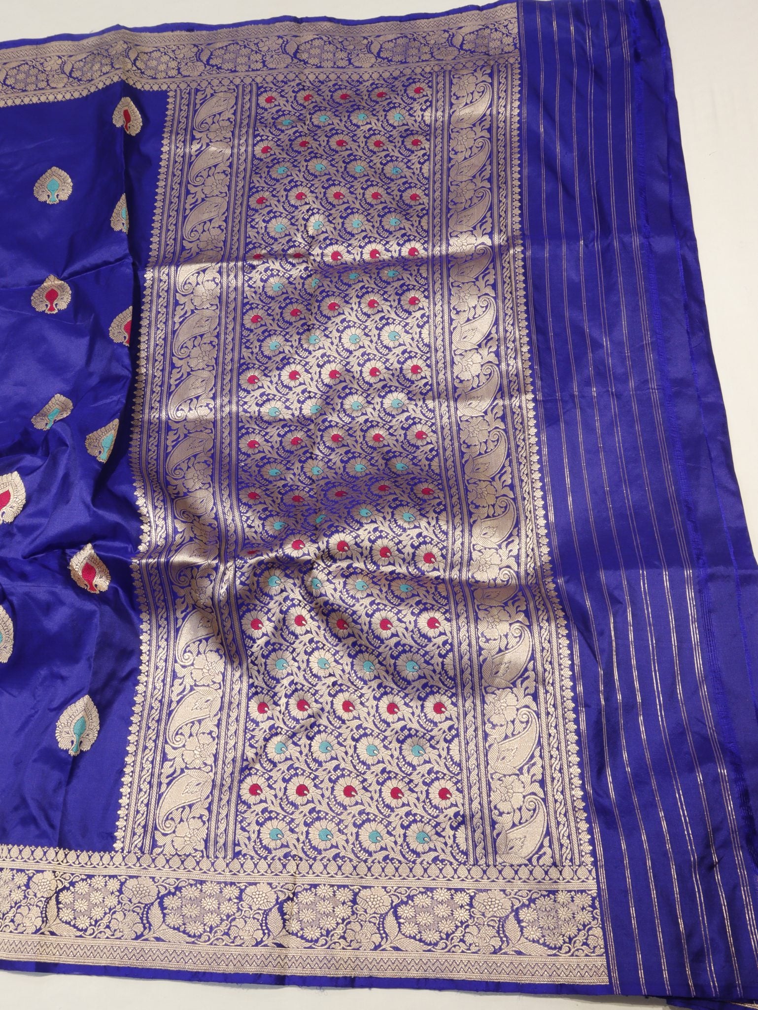 Royal blue Katan Silk Banarasi saree folded view