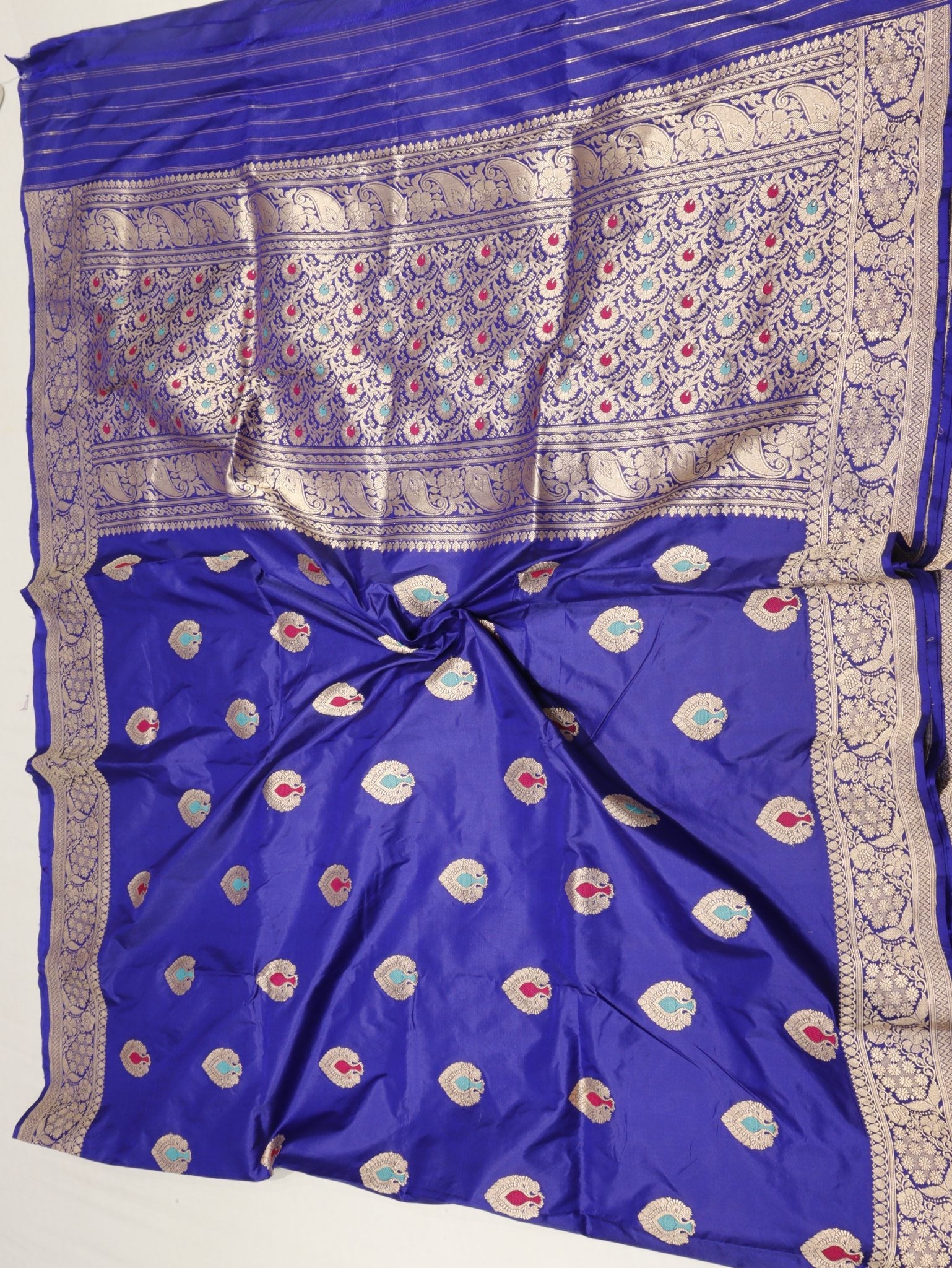 Royal blue Katan Silk Banarasi saree border closeup