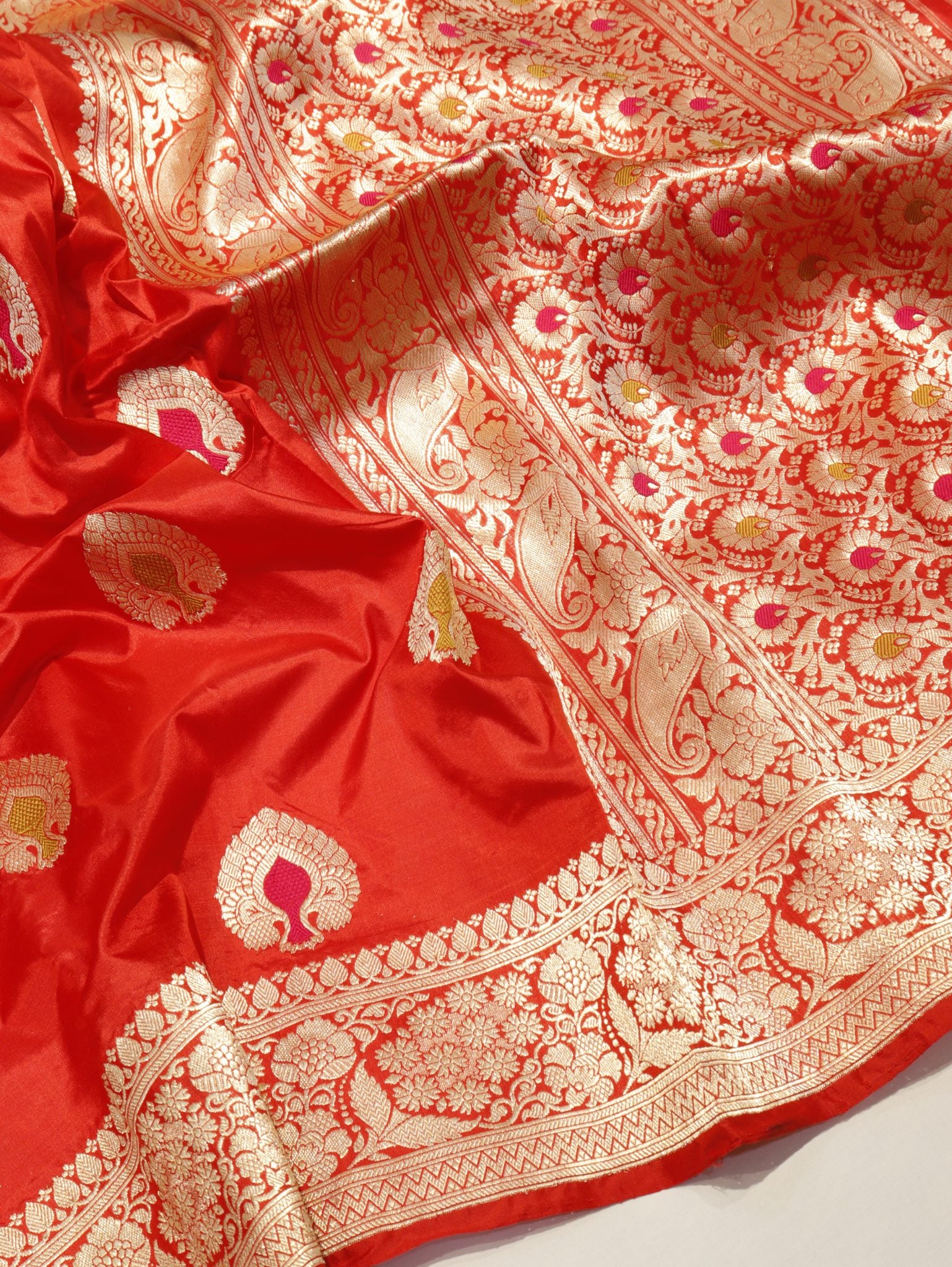 Red Katan Silk Banarasi saree front drape view