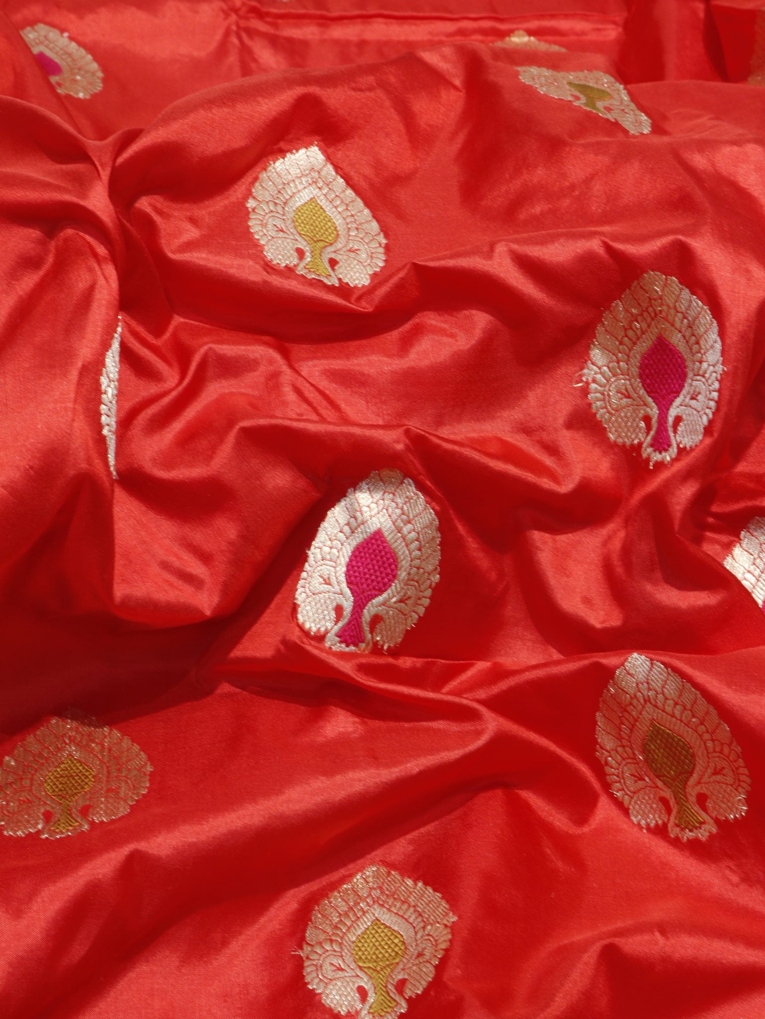 Red Katan Silk Banarasi saree border closeup