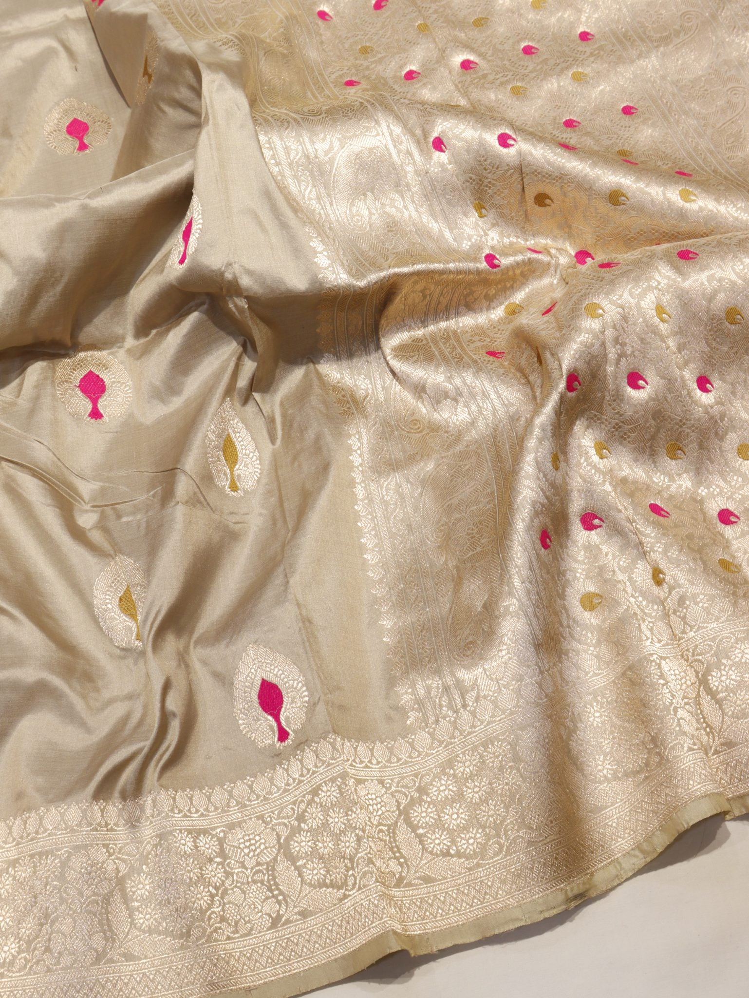 Grey Katan Silk Banarasi saree front drape view