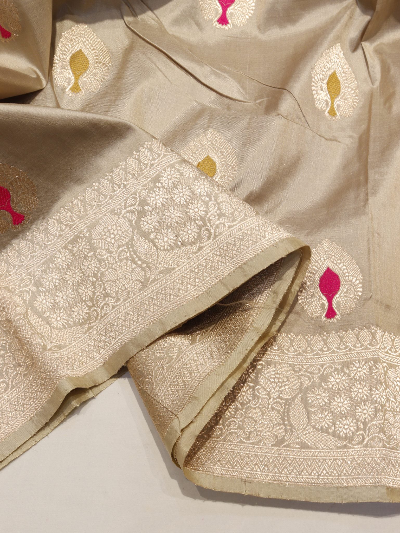 Grey Katan Silk Banarasi saree zari work detail