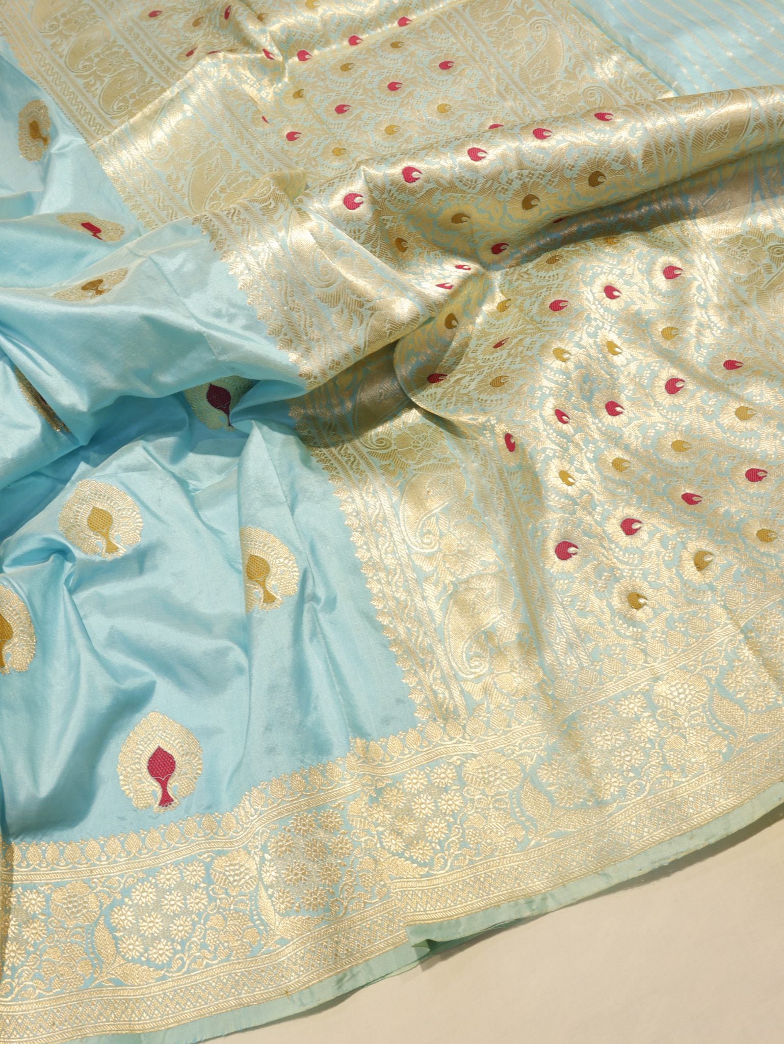 Blue Katan Silk Banarasi saree front drape view