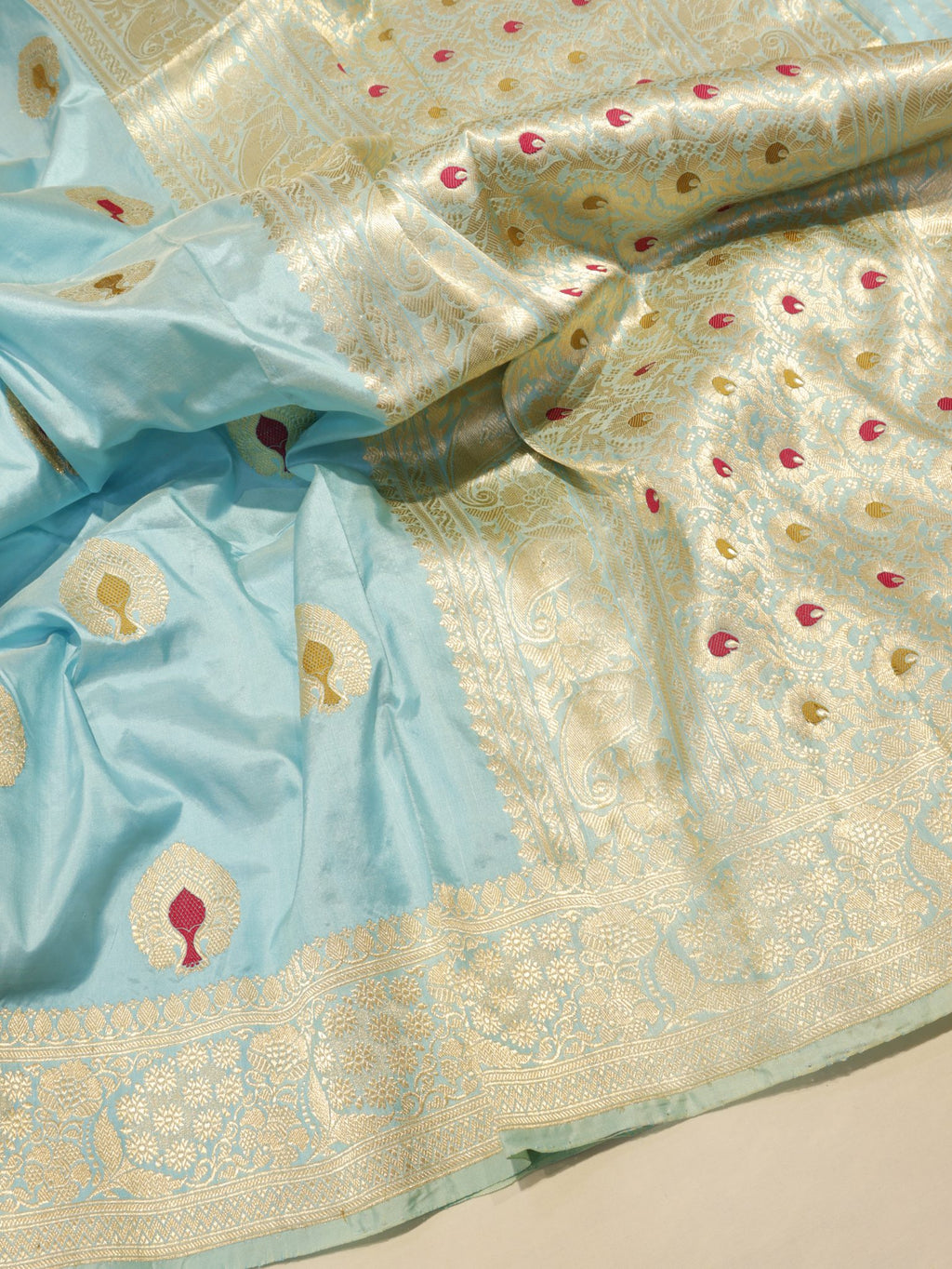 Blue Katan Silk Banarasi saree pallu detail