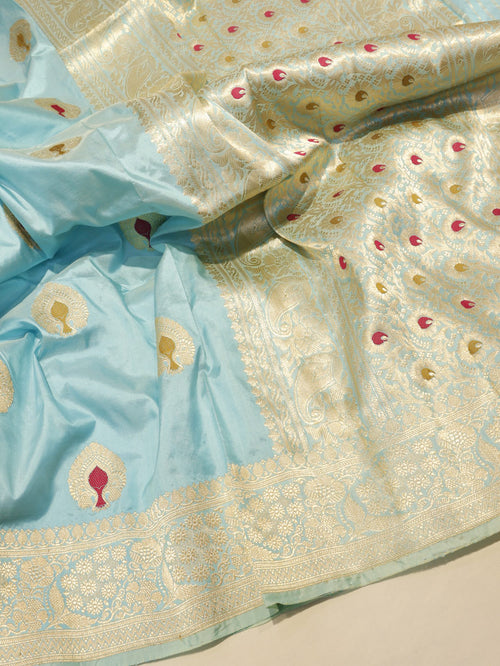 Blue Katan Silk Banarasi saree pallu detail