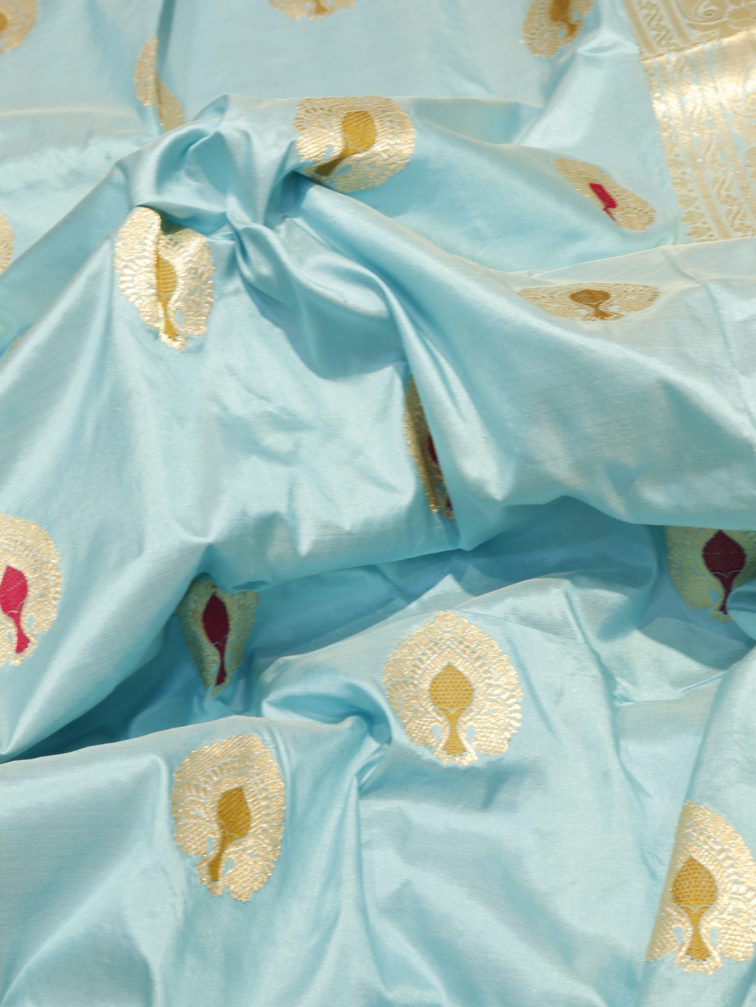 Blue Katan Silk Banarasi saree border closeup