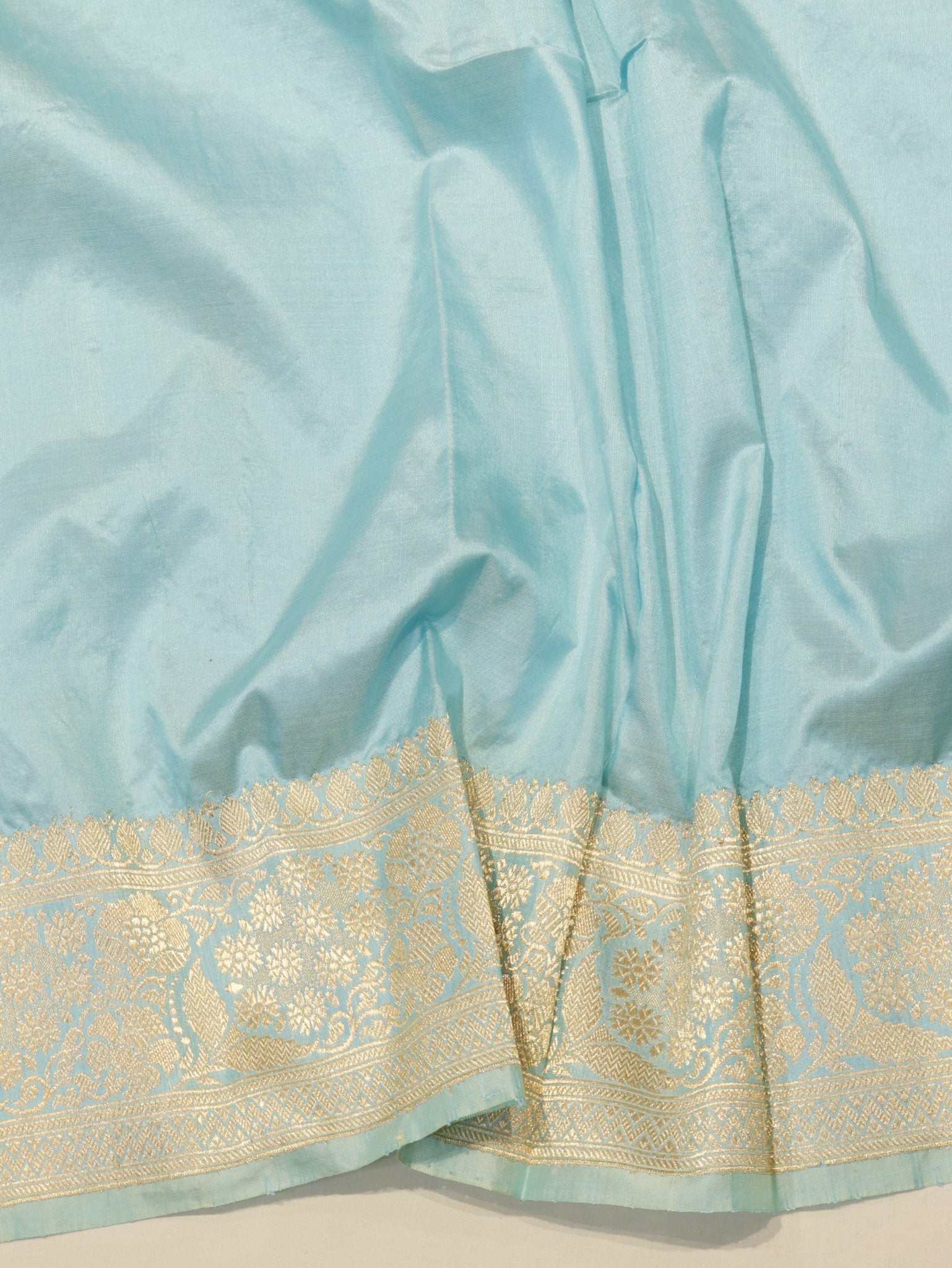 Blue Katan Silk Banarasi saree front drape view