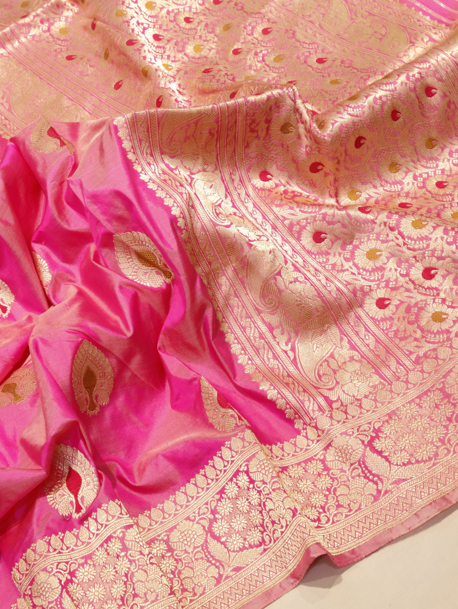 Pink Katan Silk Banarasi saree front drape view