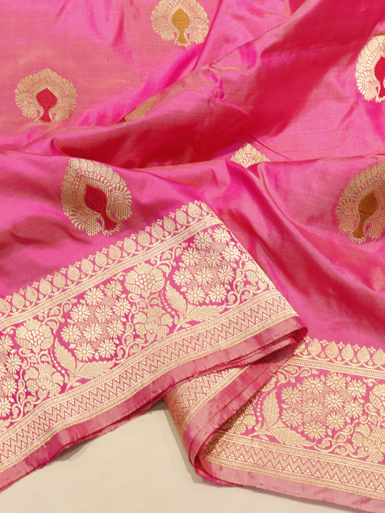 Pink Katan Silk Banarasi saree folded view