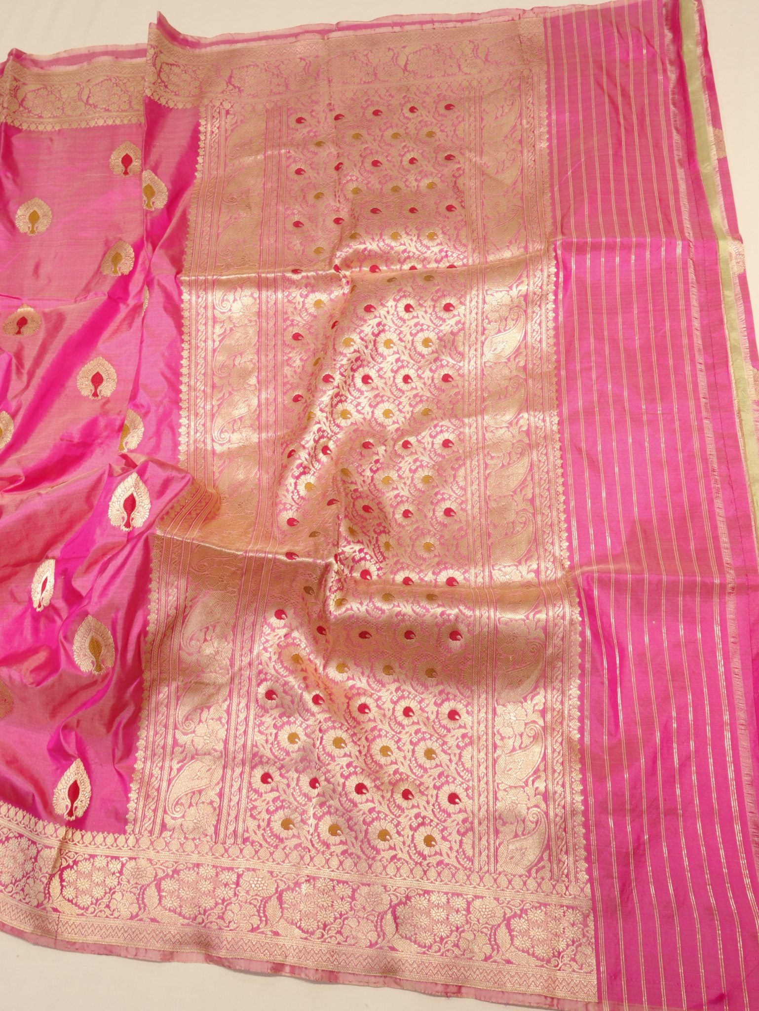 Pink Katan Silk Banarasi saree front drape view