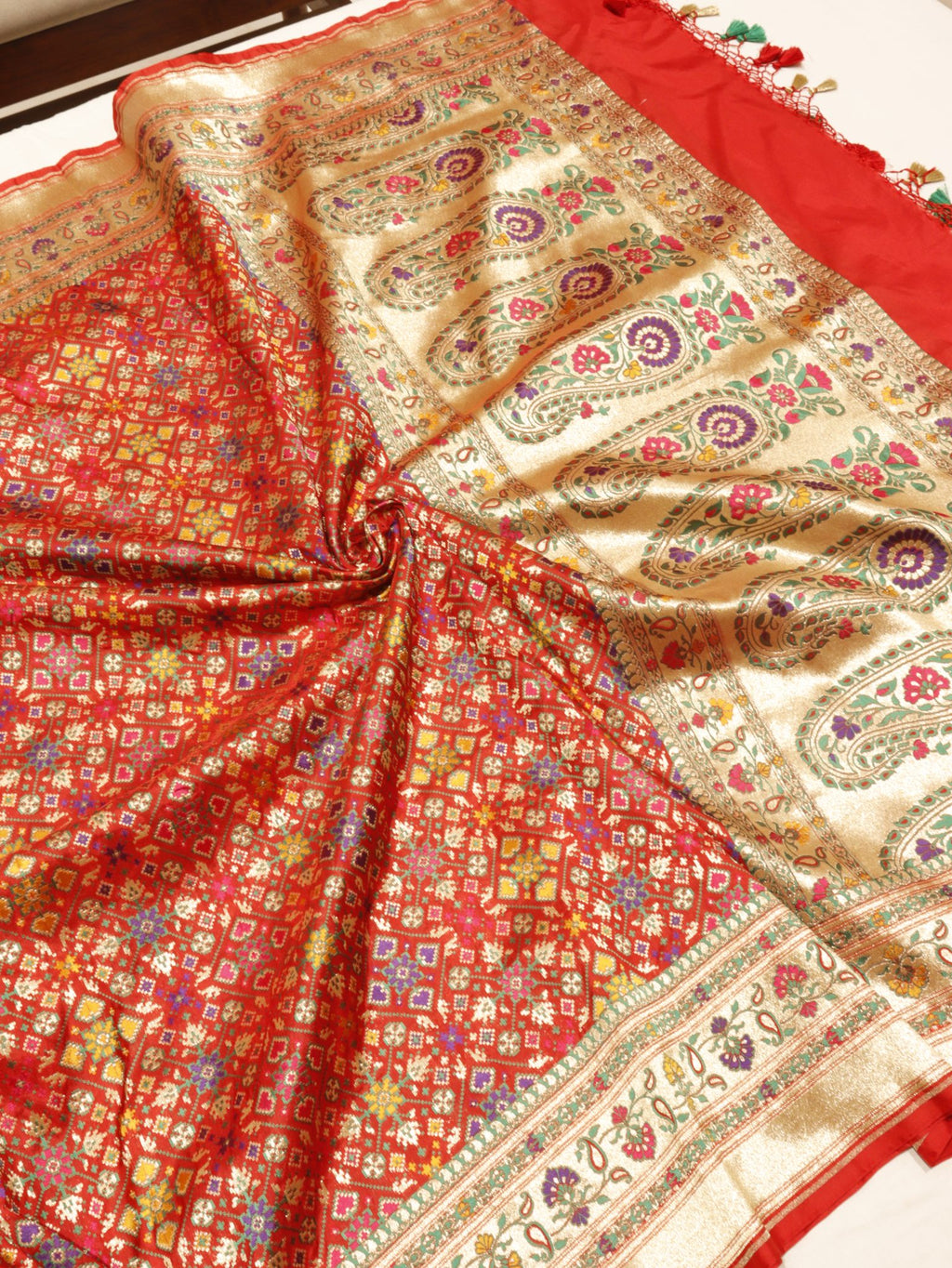 Red Katan Silk Banarasi dupatta full spread