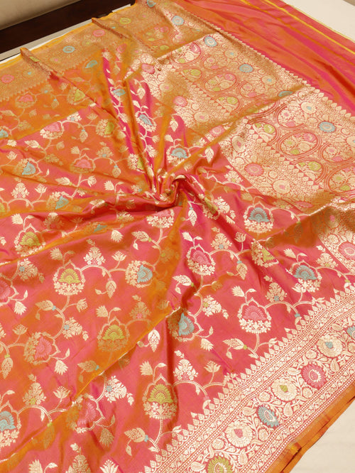 Peach dual Shade Katan Silk Banarasi dupatta full spread