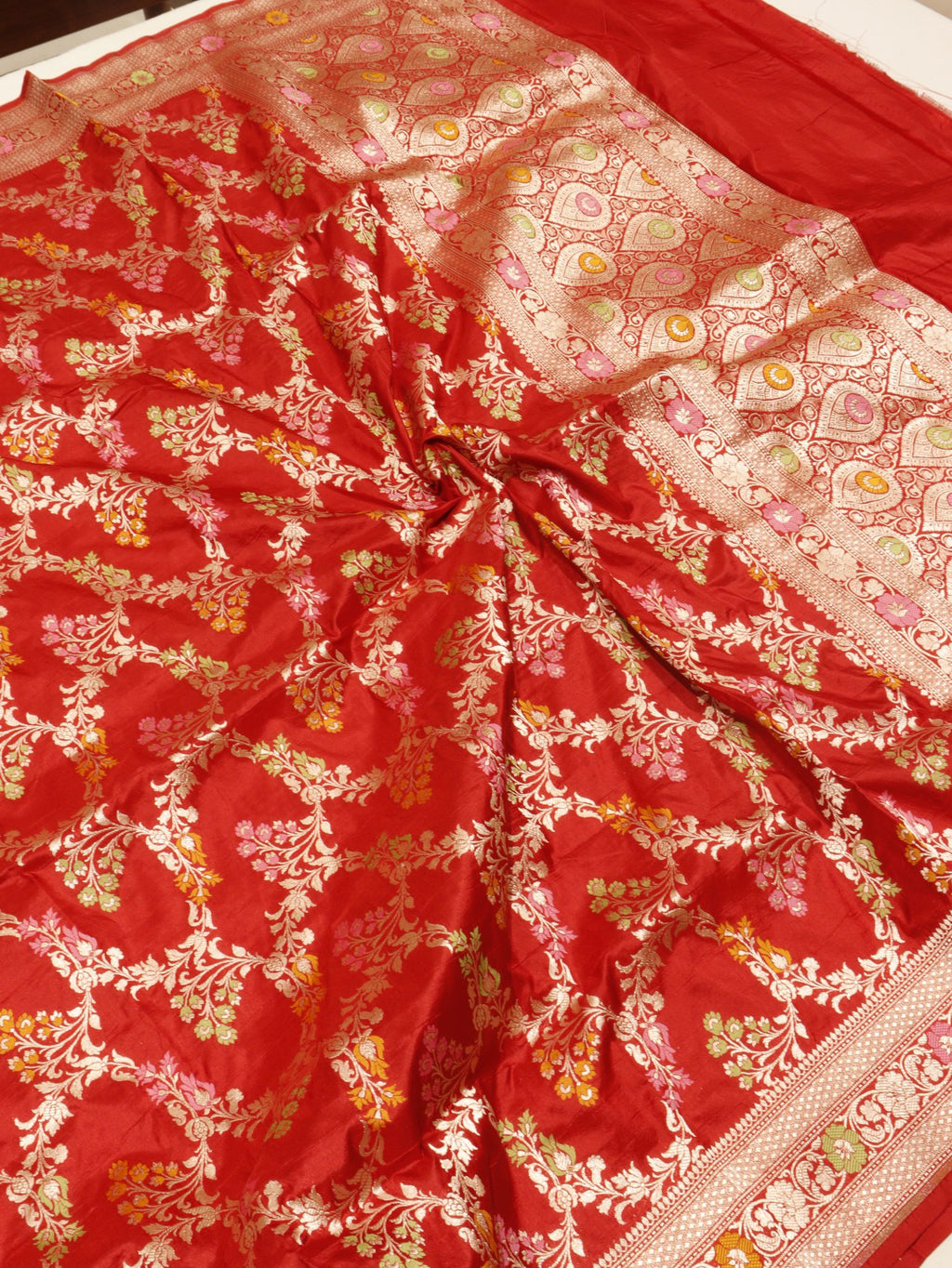 Red Katan Silk Banarasi dupatta full spread