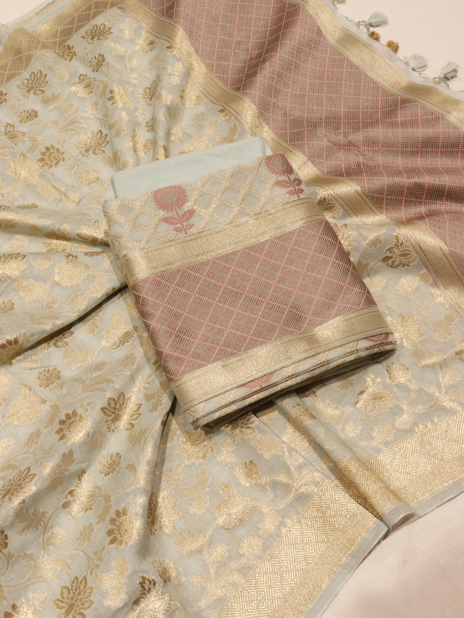 Green Wave Cotton Banarasi suit front drape view