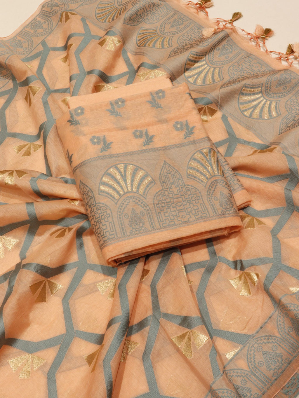 Orange Cotton Banarasi suit front drape view