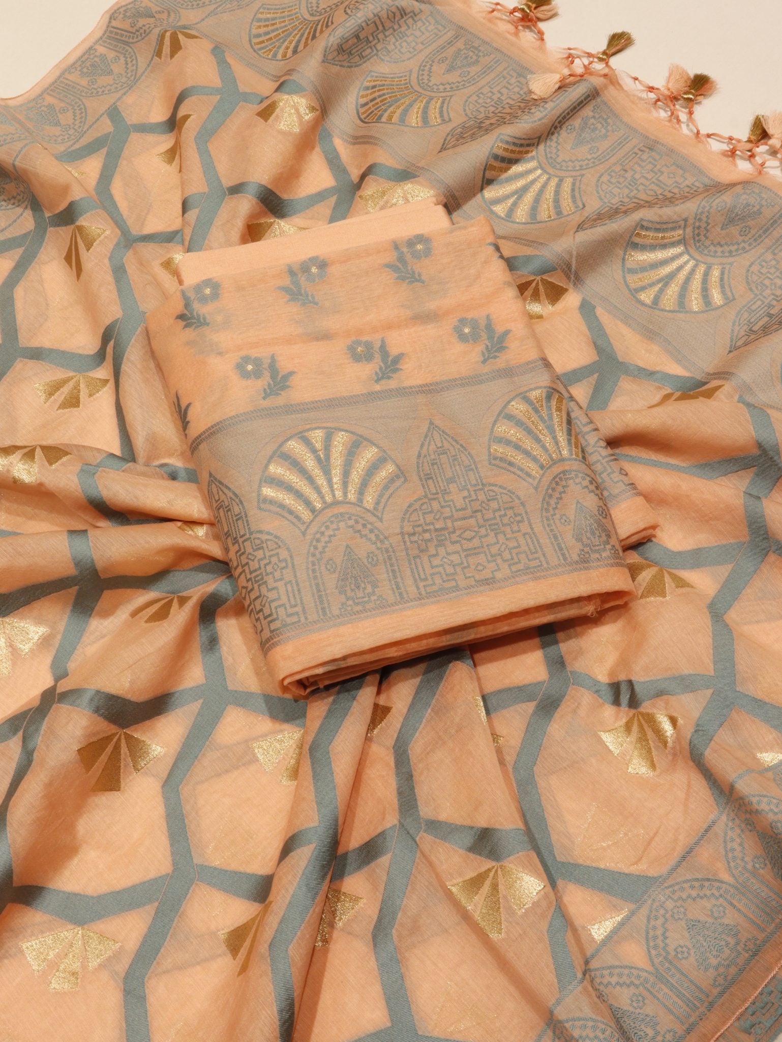 Orange Cotton Banarasi suit front drape view