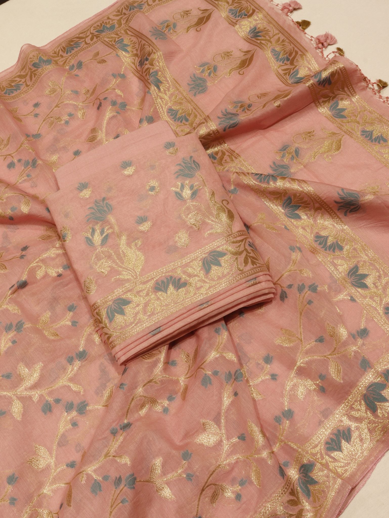 Pink Cotton Banarasi suit front drape view