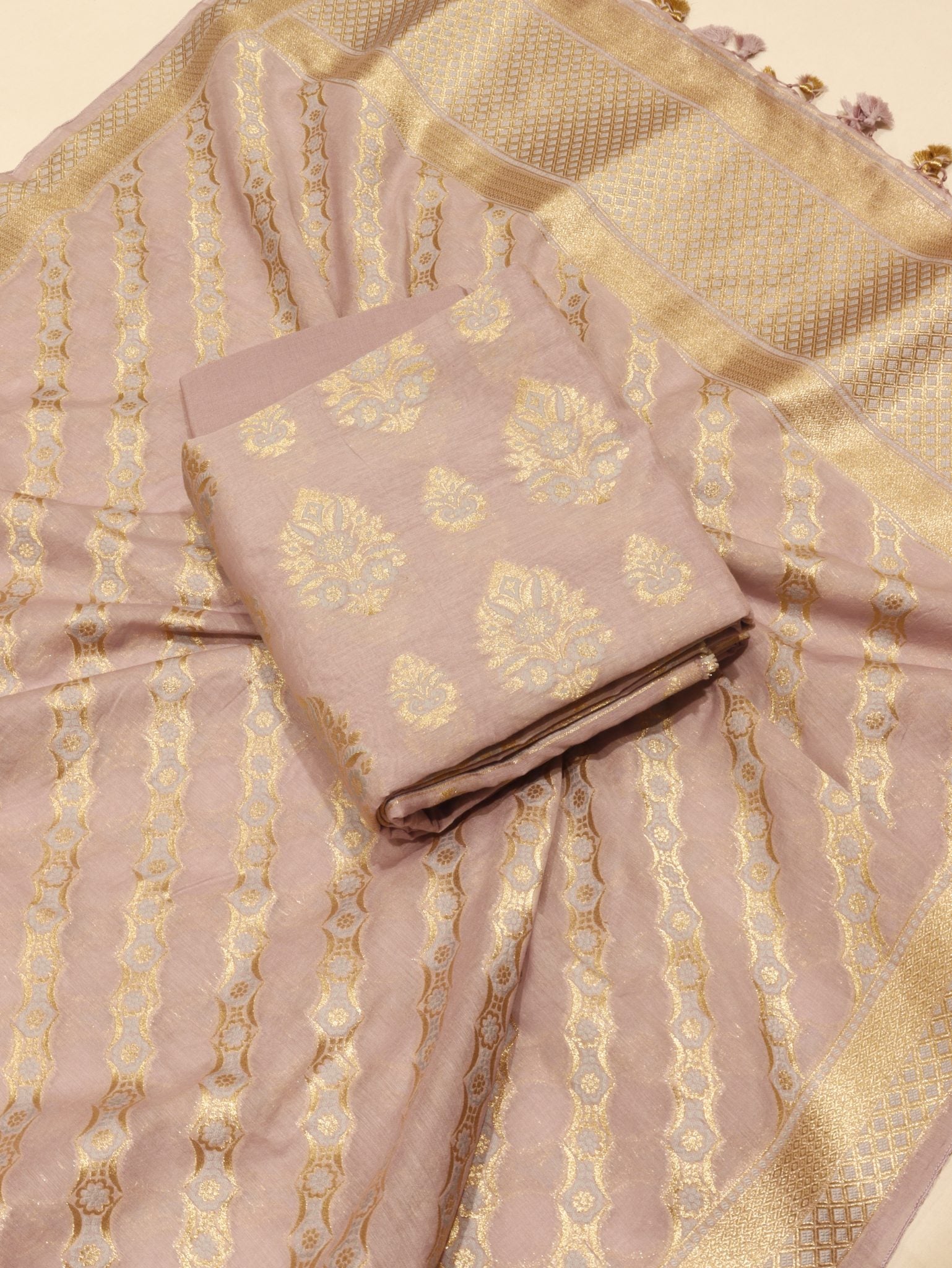 Novel Lilac Cotton Banarasi suit front drape view