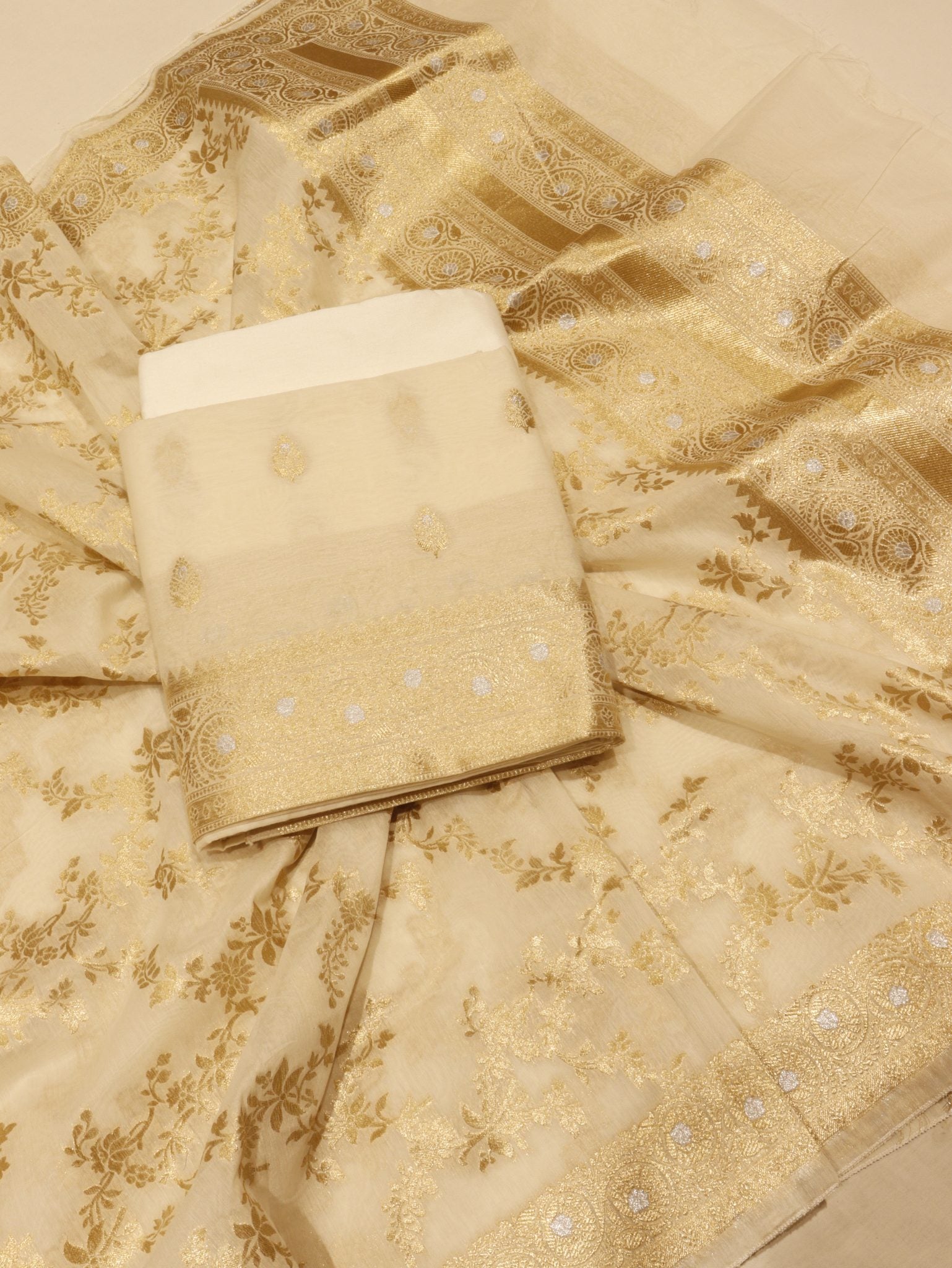White Cotton Banarasi suit front drape view