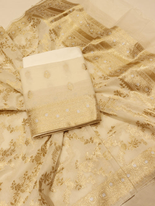 White Cotton Banarasi suit front drape view