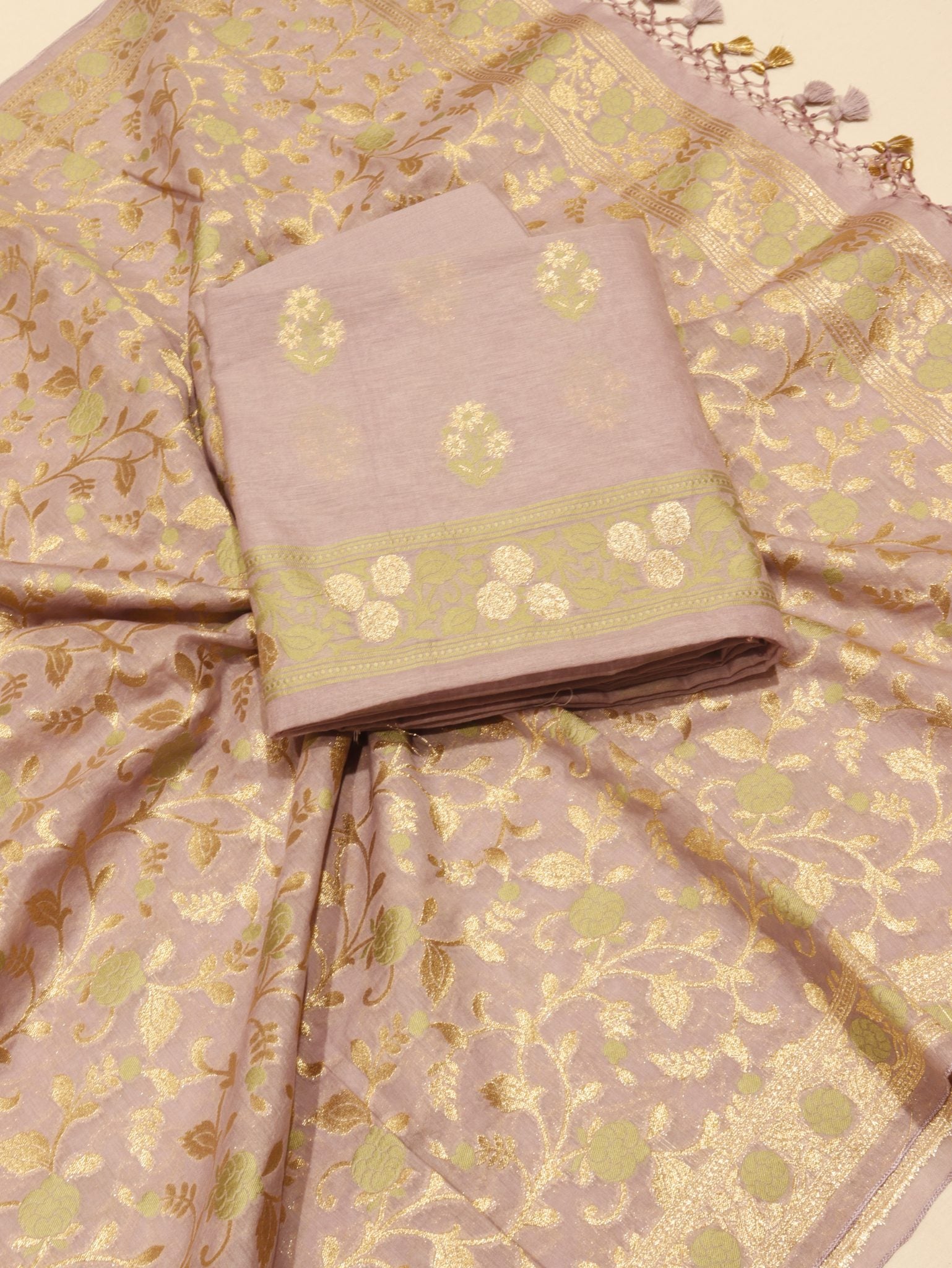 Lilac Cotton Banarasi suit front drape view