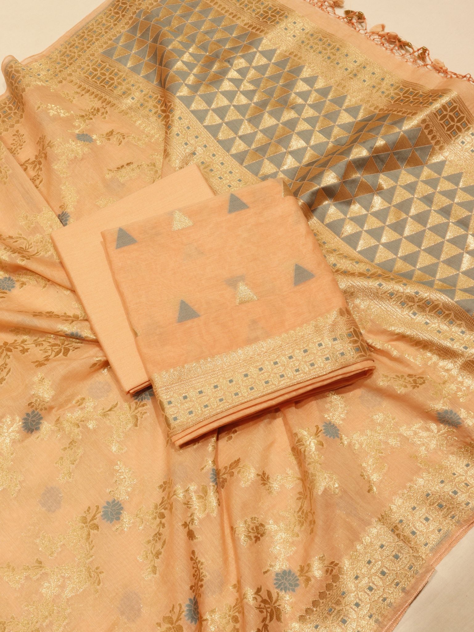 Peach Cotton Banarasi suit front drape view