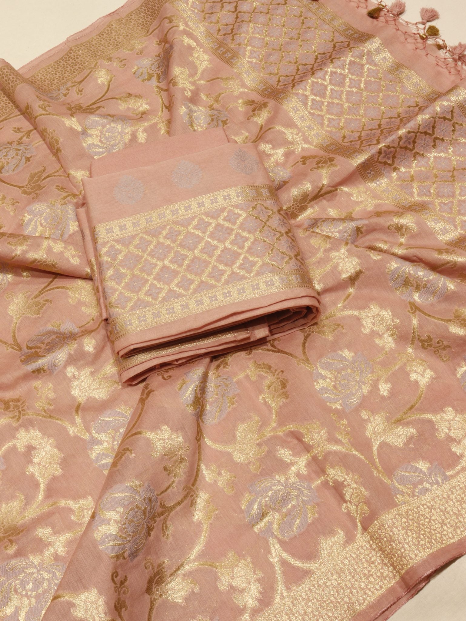 Dusty Rose Cotton Banarasi suit front drape view