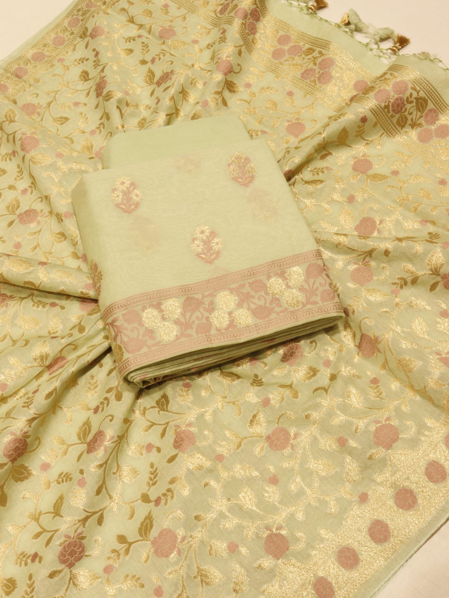 Green Cotton Banarasi suit front drape view