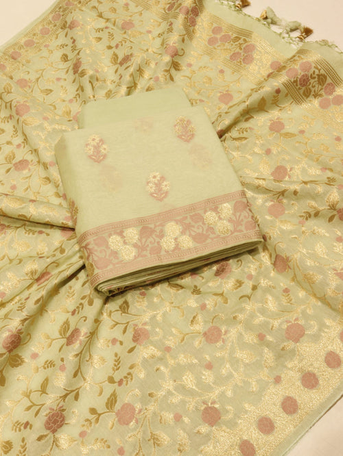 Green Cotton Banarasi suit front drape view