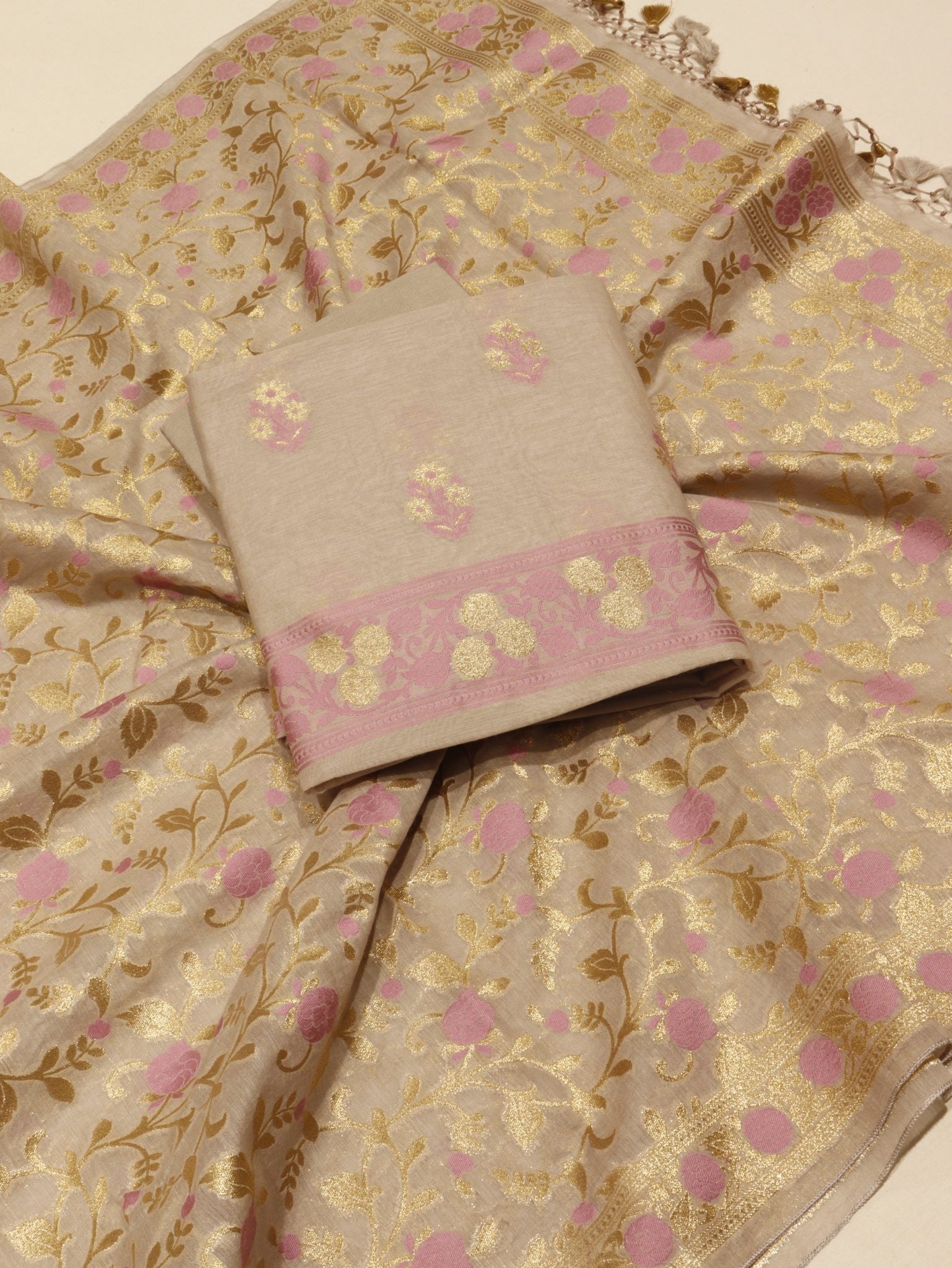 Taupe Cotton Banarasi suit front drape view