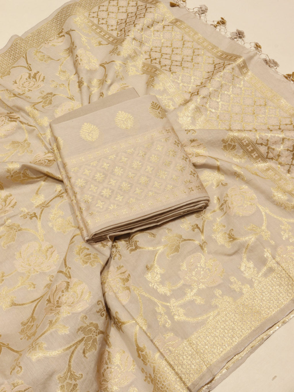 Soft champagne beige Cotton Banarasi suit front drape view