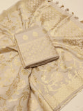Soft champagne beige Cotton Banarasi suit front drape view