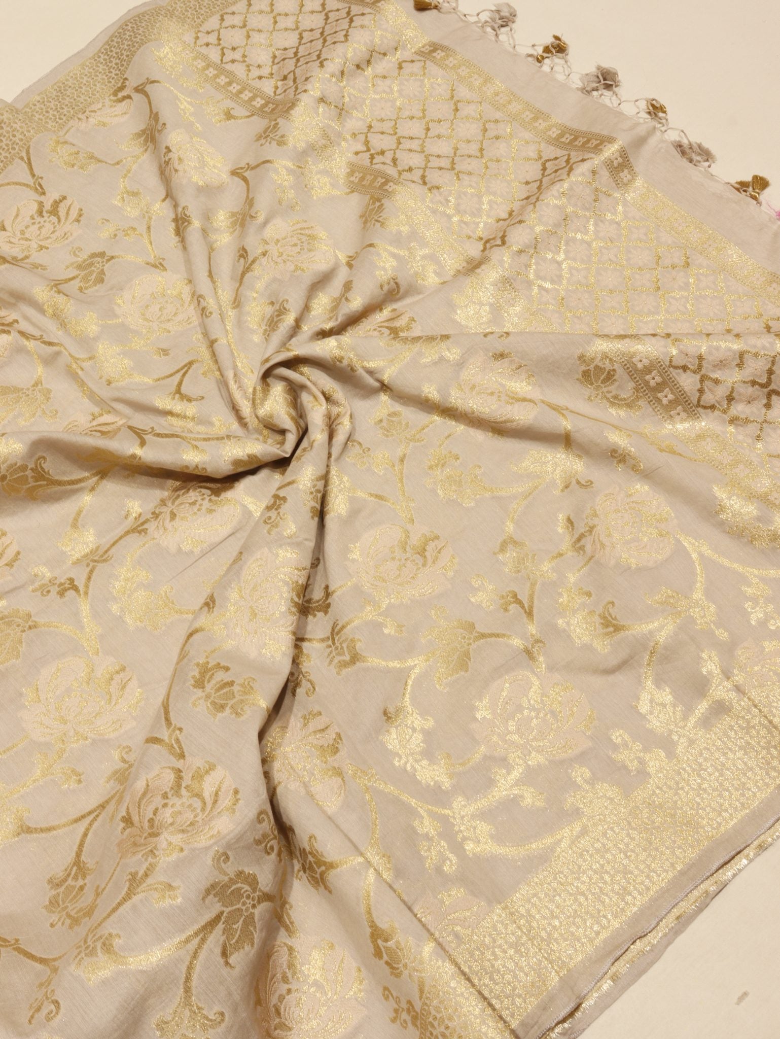Soft champagne beige Cotton Banarasi suit neckline detail