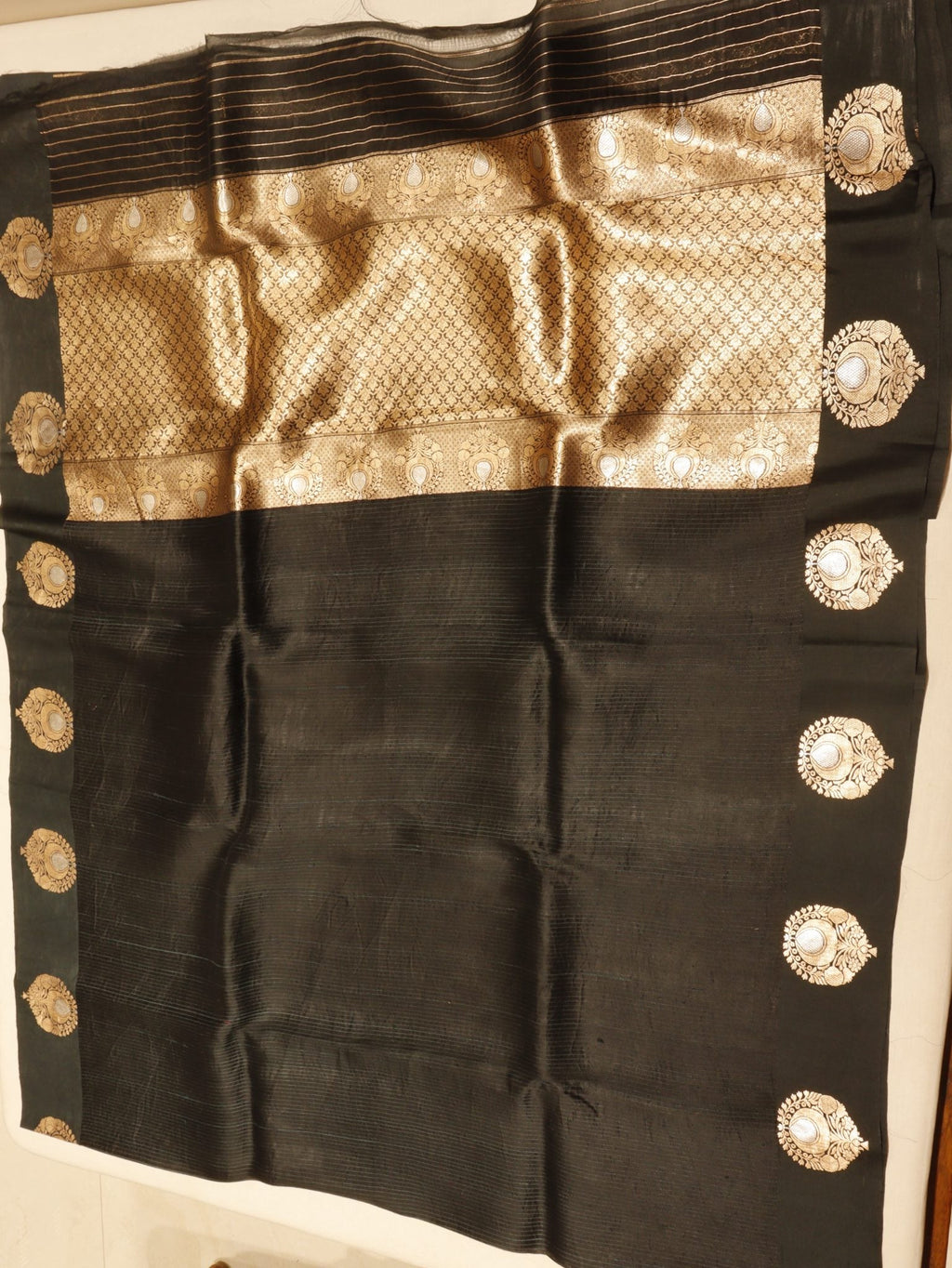 Black Kora Silk Banarasi saree front drape view
