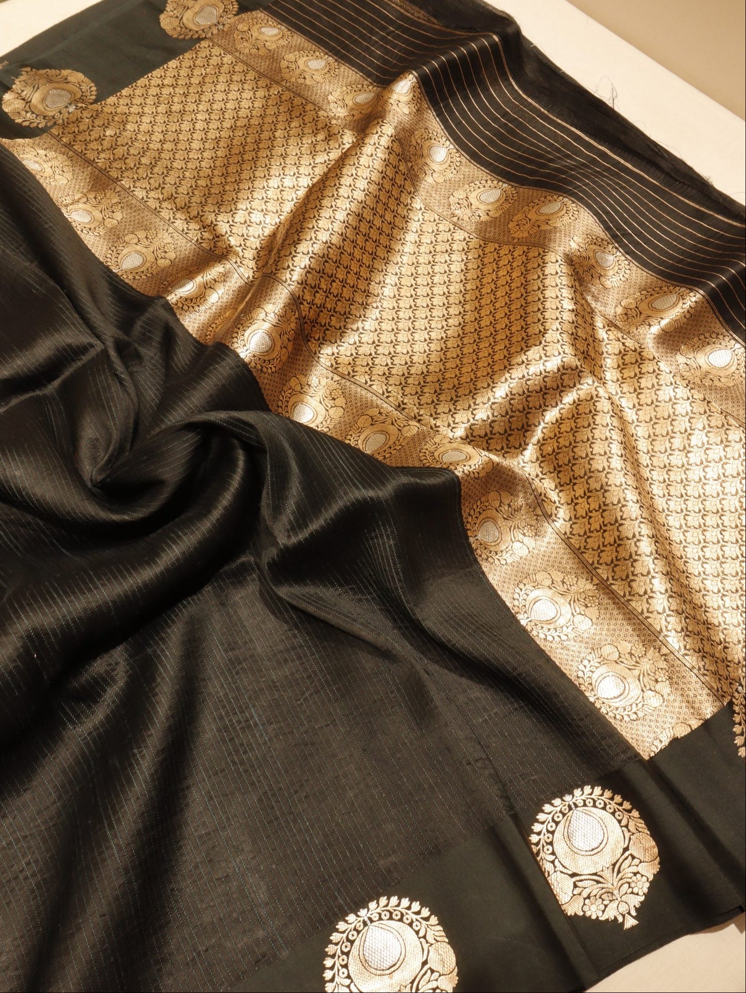 Black Kora Silk Banarasi saree full spread