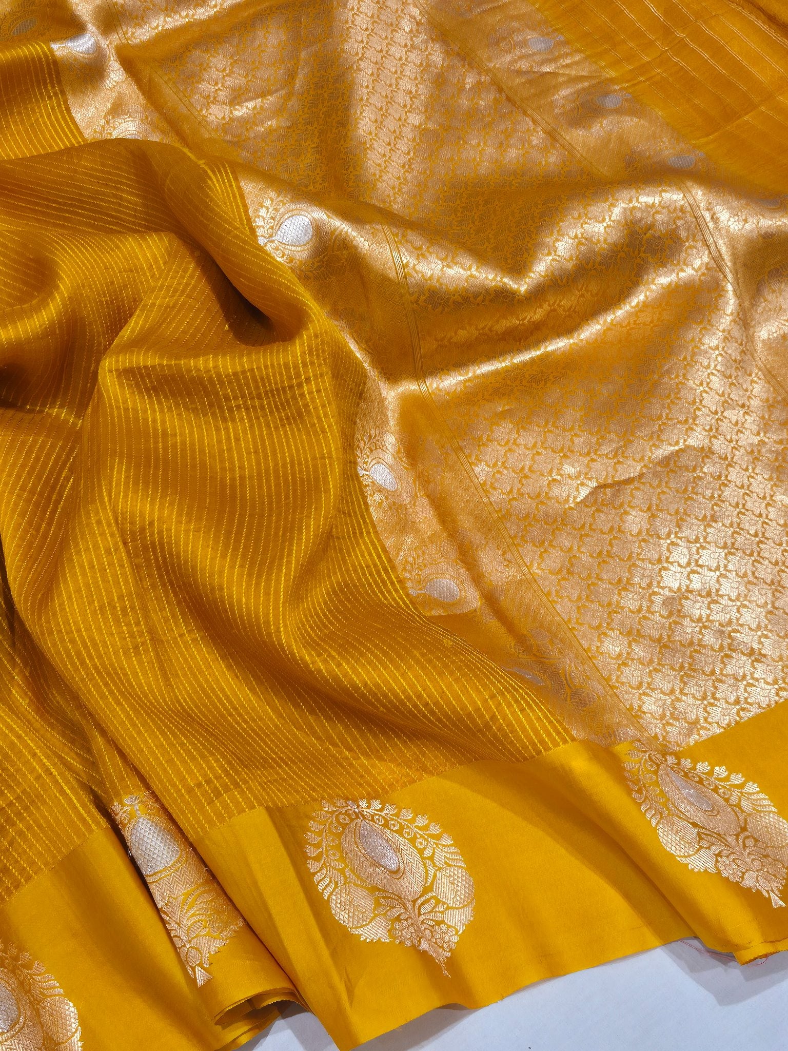 Mustard Yellow Kora Silk Banarasi saree front drape view