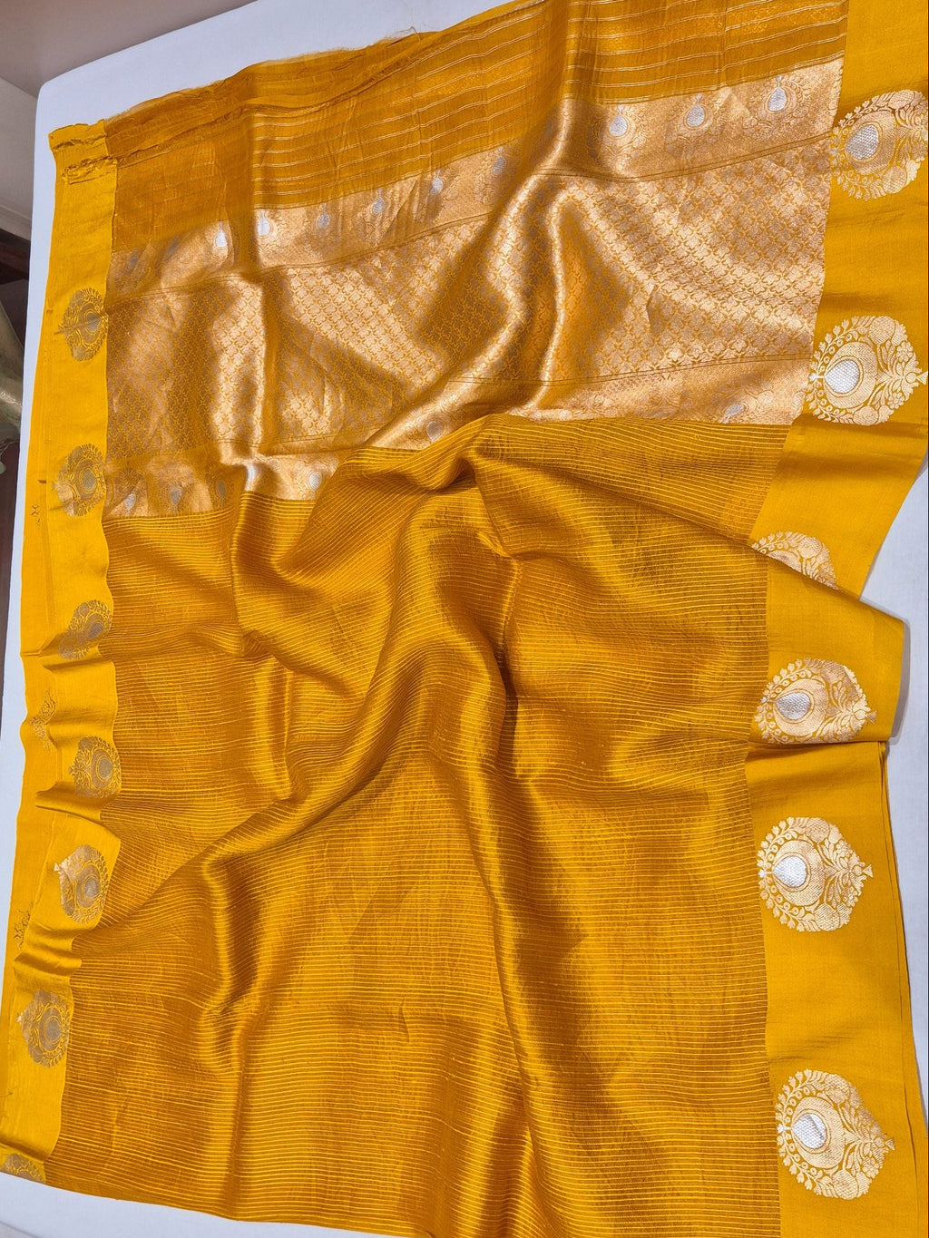 Mustard Yellow Kora Silk Banarasi saree border closeup