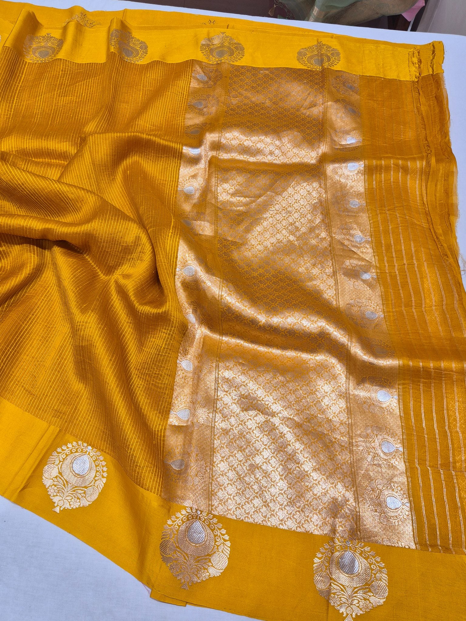 Mustard Yellow Kora Silk Banarasi saree blouse piece