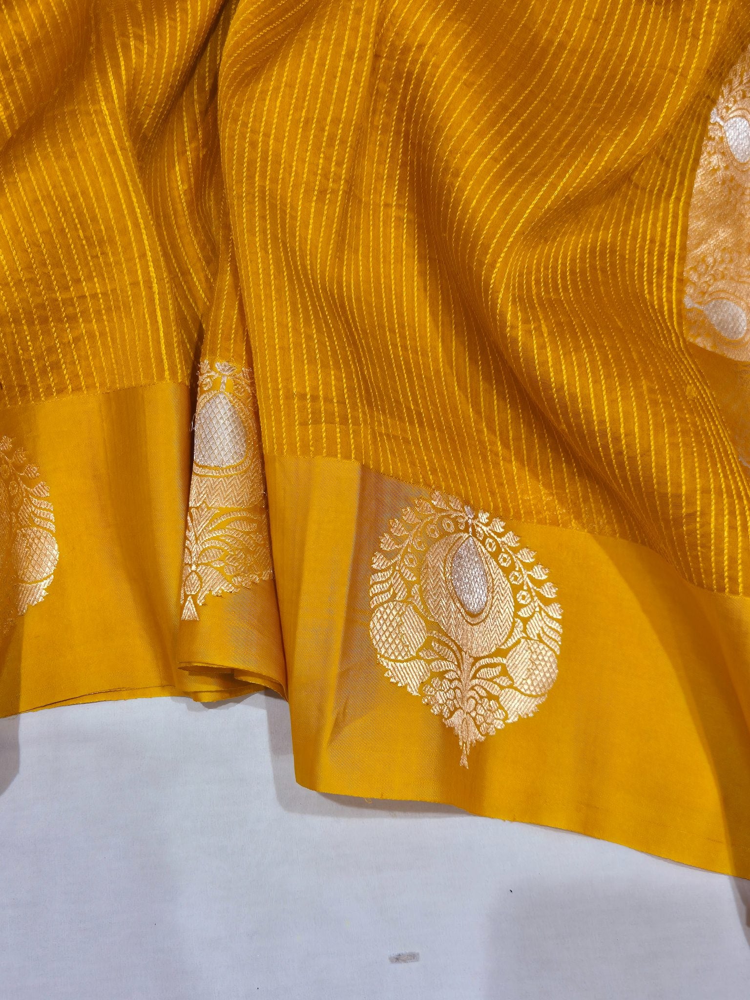 Mustard Yellow Kora Silk Banarasi saree full spread