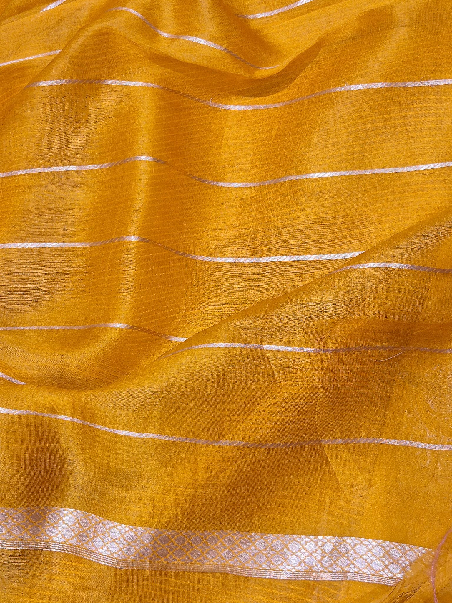 Mustard Yellow Kora Silk Banarasi saree zari work detail