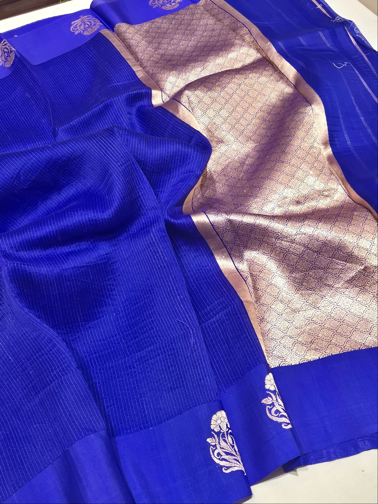 Royal Blue Kora Silk Banarasi saree front drape view