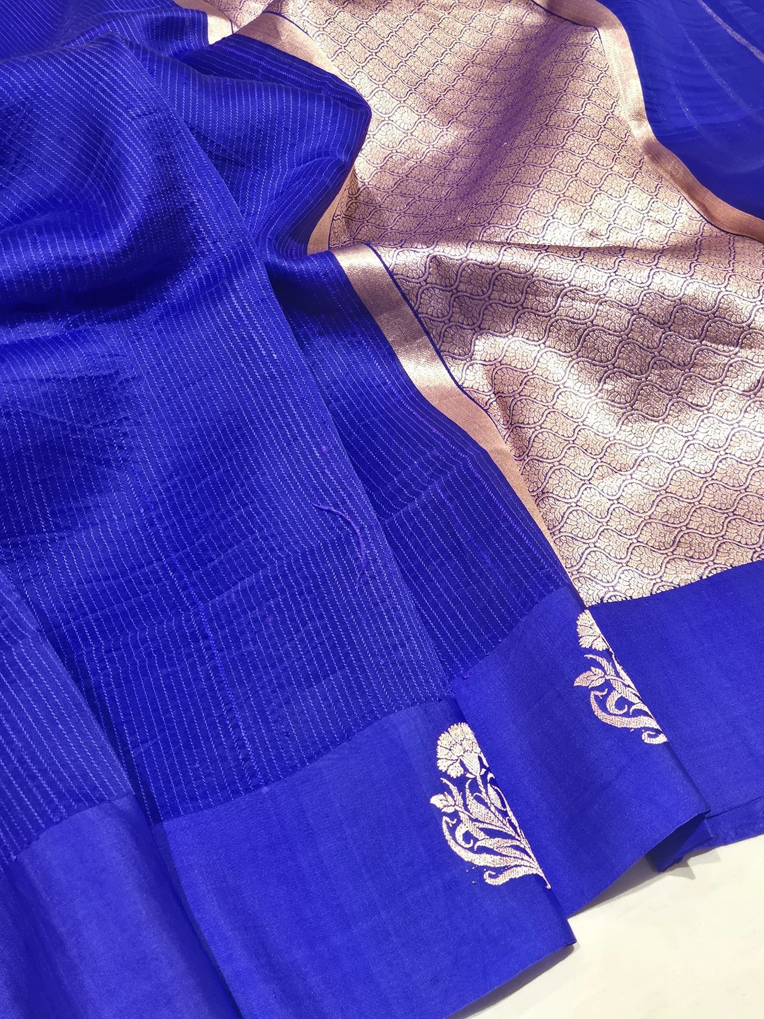 Royal Blue Kora Silk Banarasi saree pallu detail