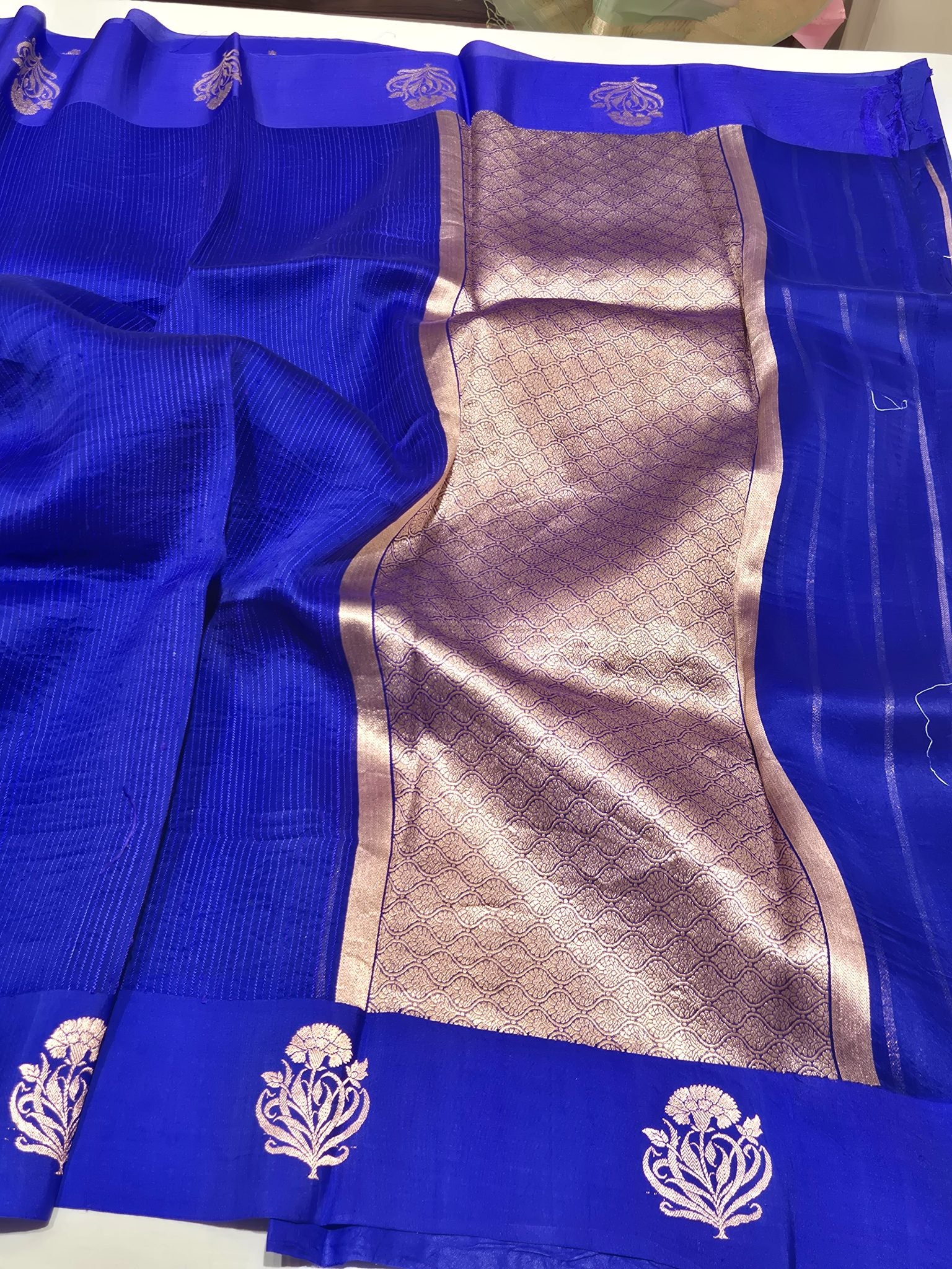 Royal Blue Kora Silk Banarasi saree folded view