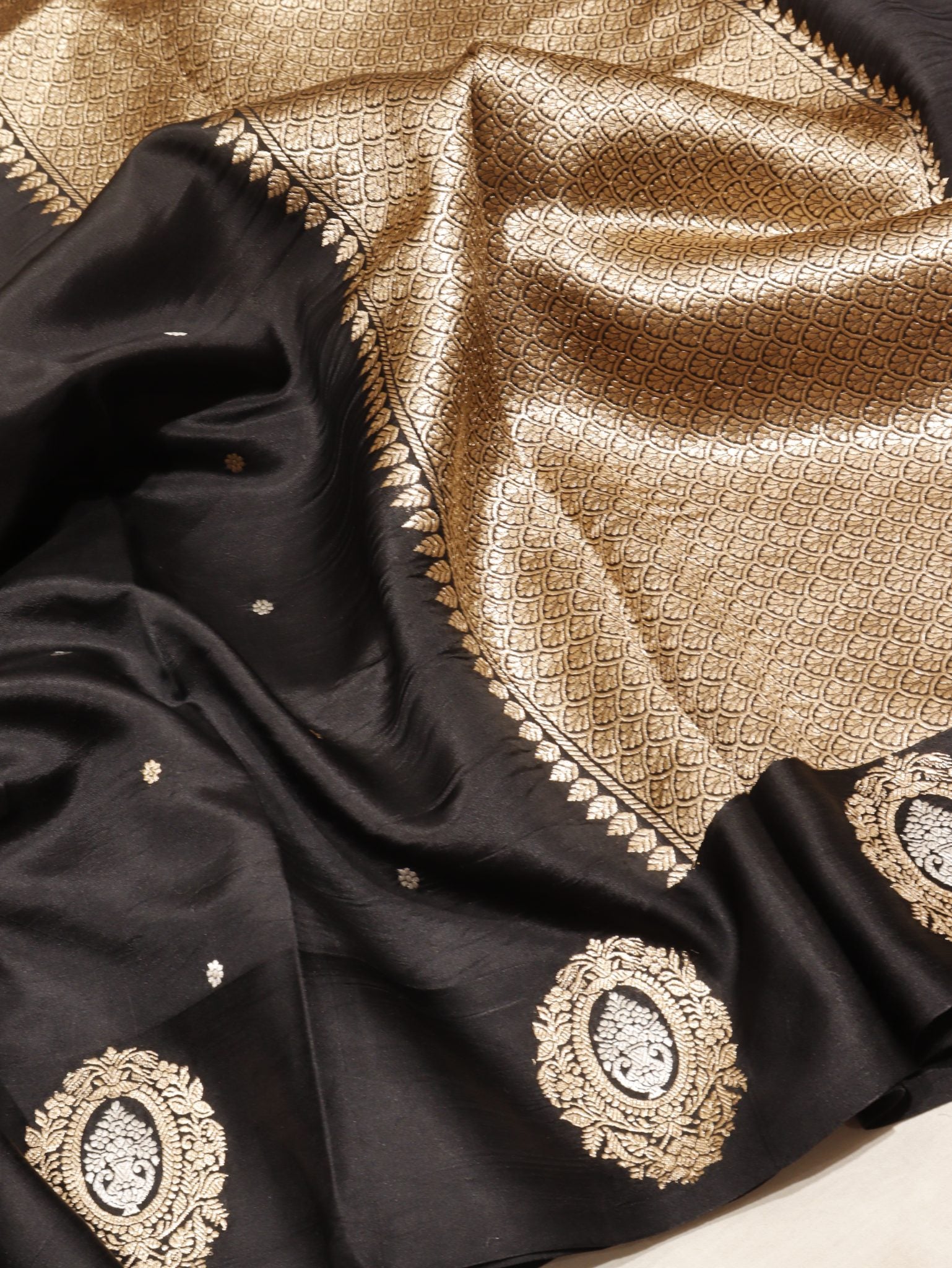 Black Soft Katan Banarasi saree front drape view