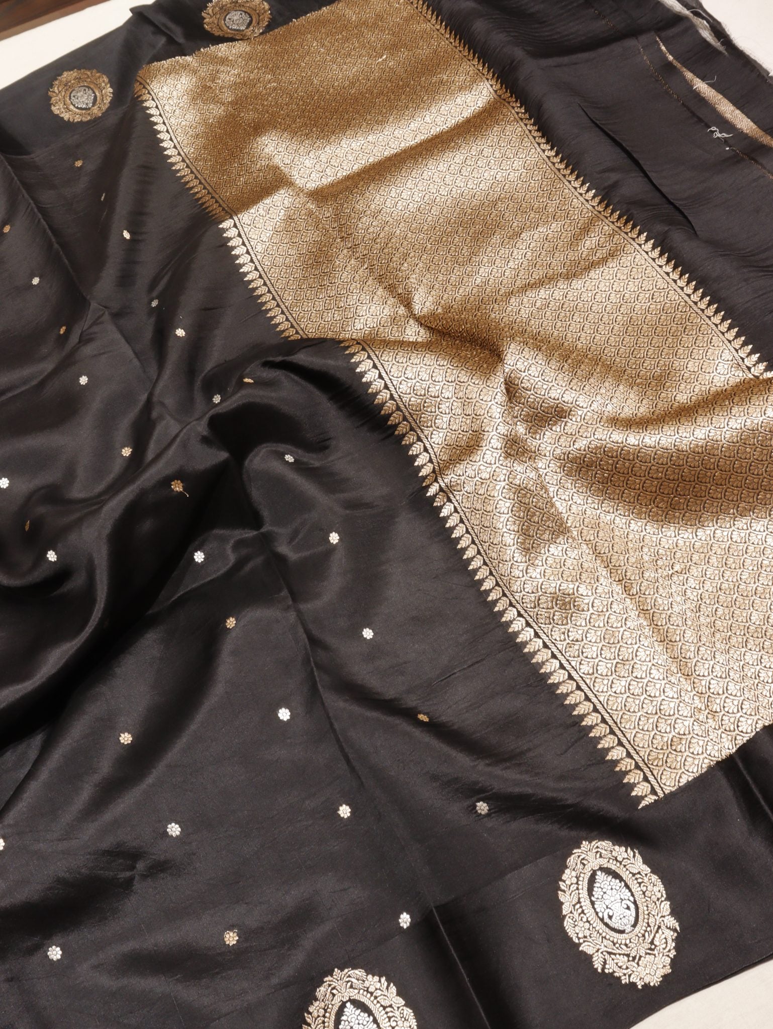 Black Soft Katan Banarasi saree border closeup