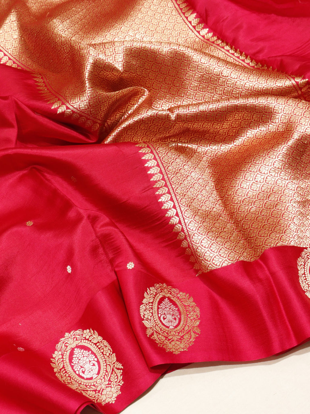 Pink Soft Katan Banarasi saree front drape view