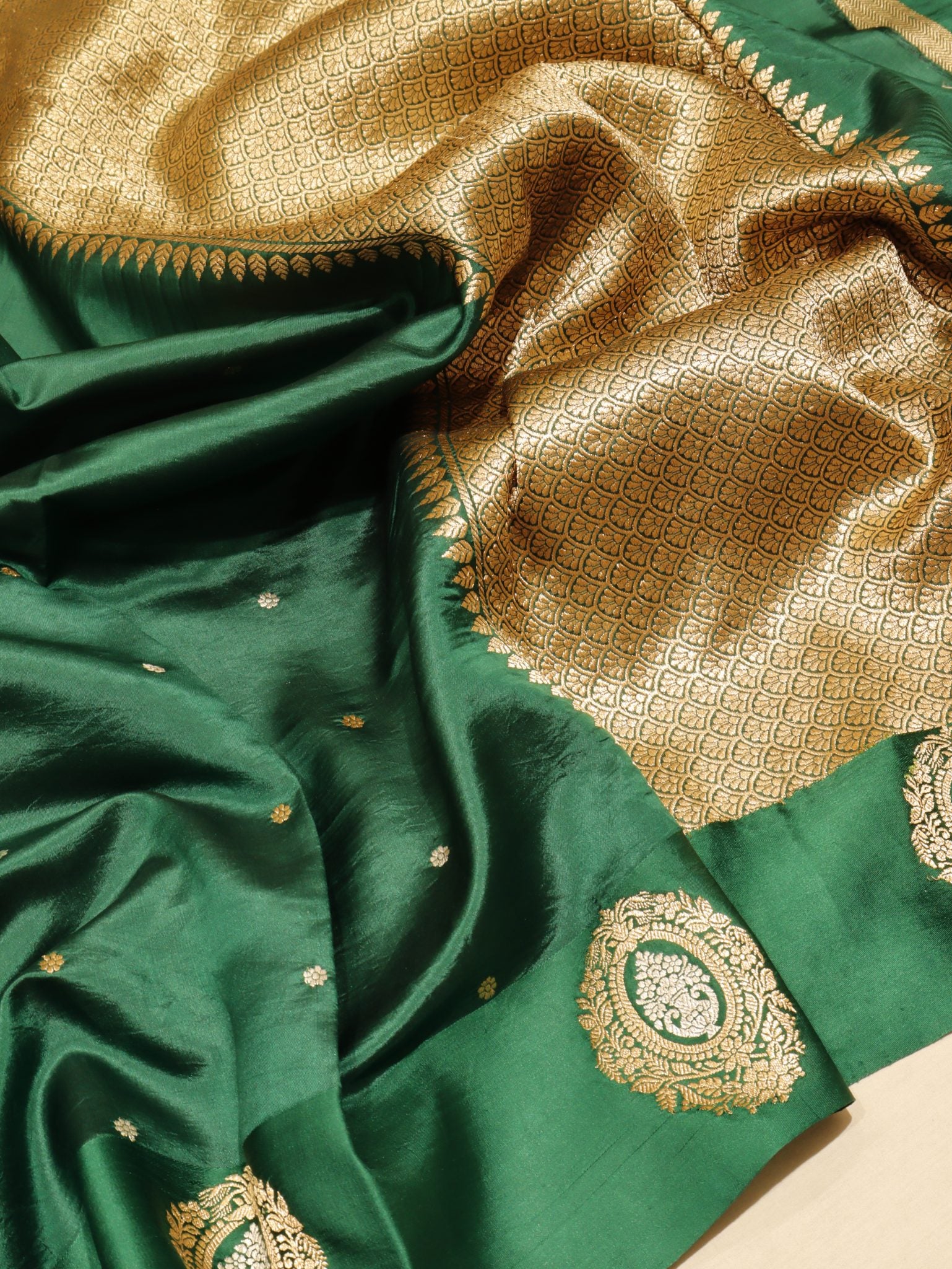 Bottle Green Soft Katan Banarasi saree front drape view